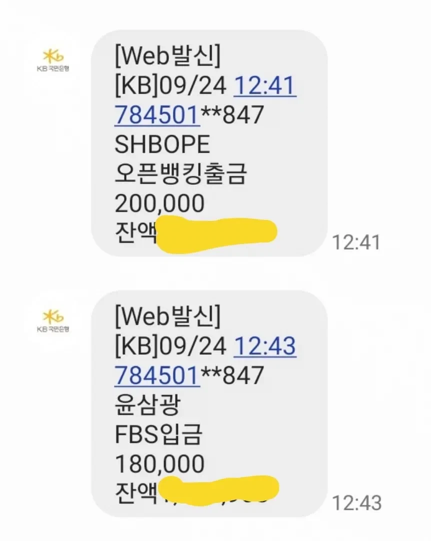 Банковские уведомления о переводах 200 000 и 180 000 вон